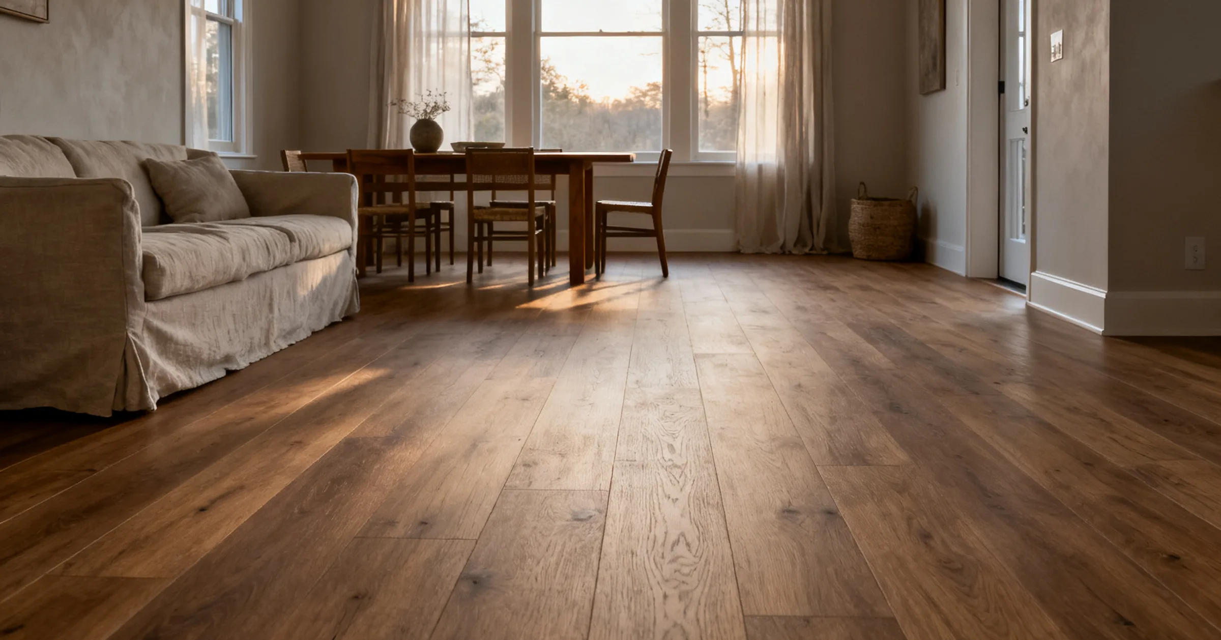 Wide-plank wood-look luxury vinyl flooring in a warm open living and dining room