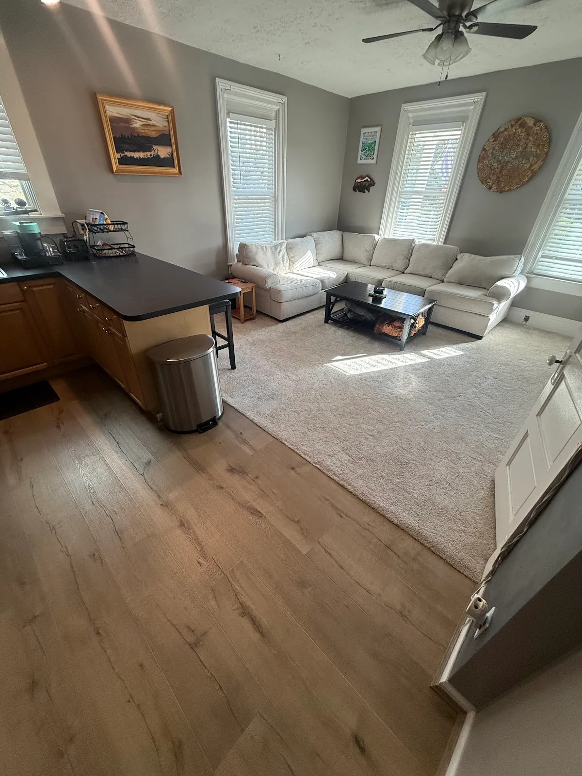 Living-room carpet installed alongside a new kitchen floor