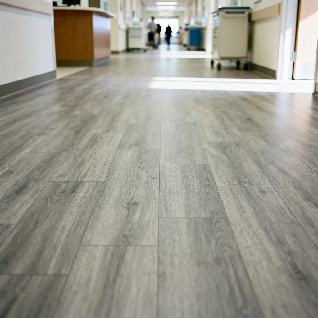 Grey wood-look luxury vinyl flooring in a medical corridor