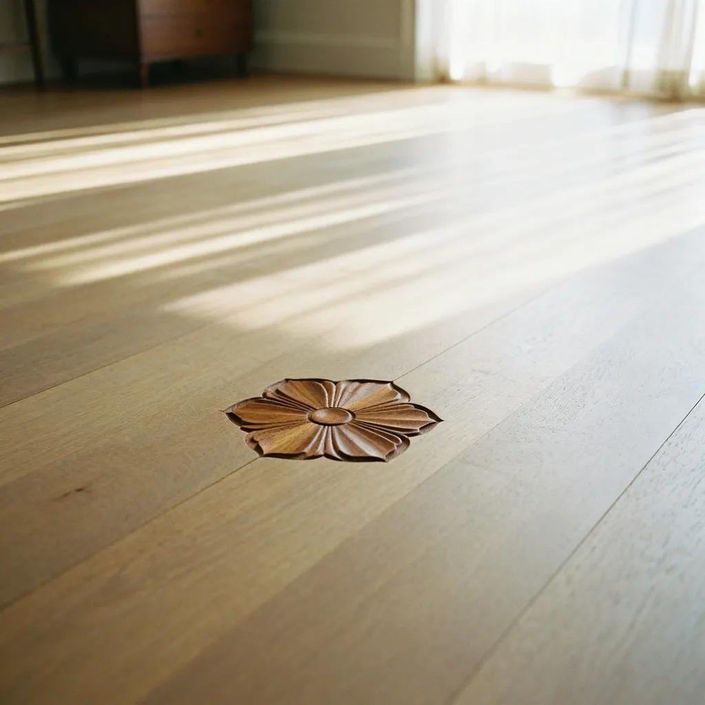 A hand-cut warm-oak hardwood medallion inlay