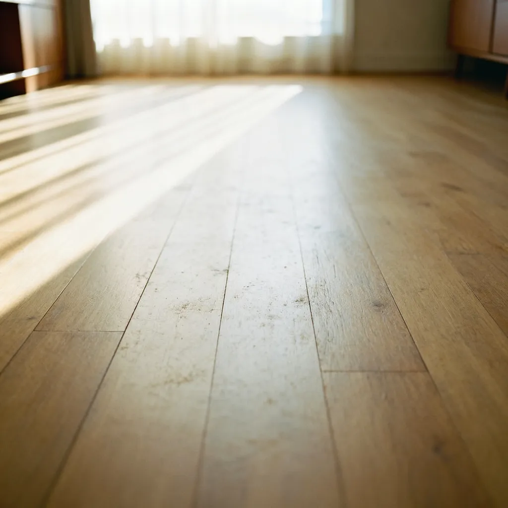 A warm hardwood floor with light surface wear