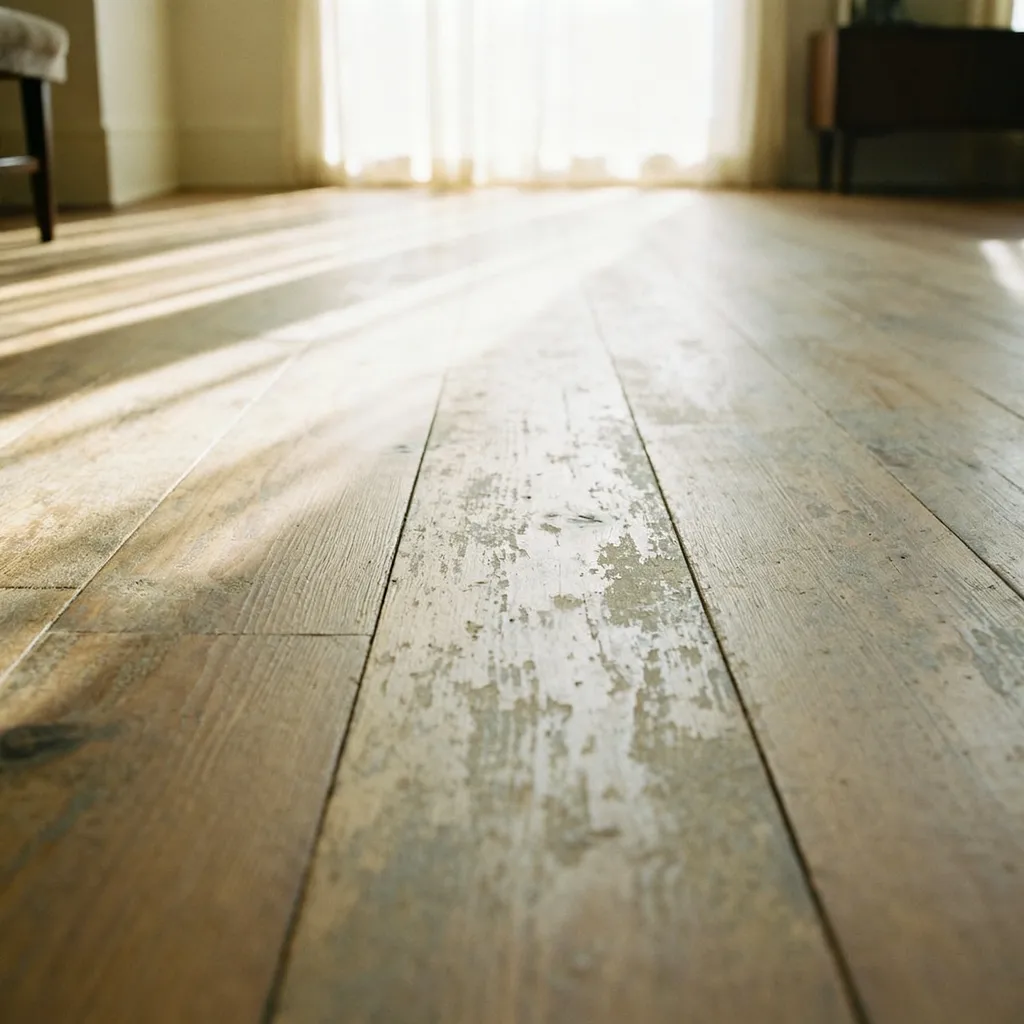 A hardwood floor with a distressed, timeworn finish