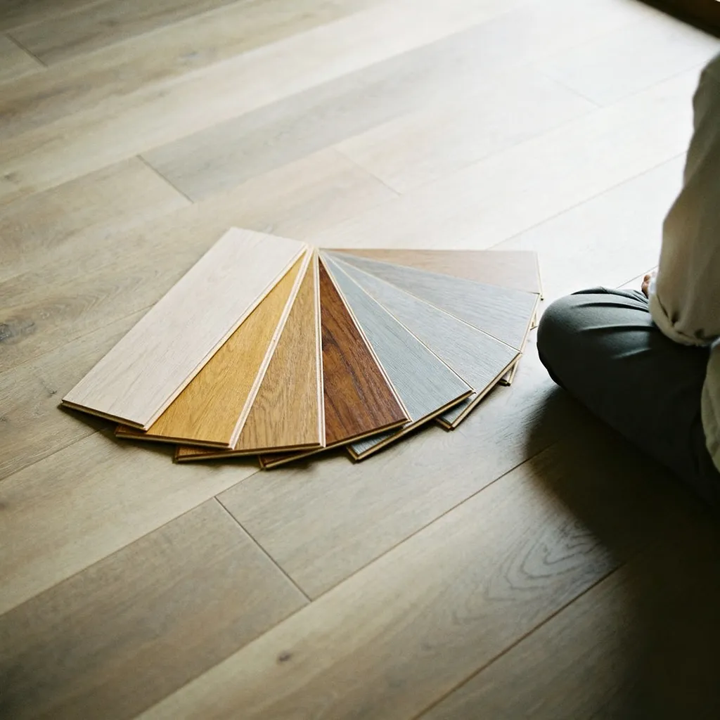 A fan of laminate sample planks in a range of wood tones