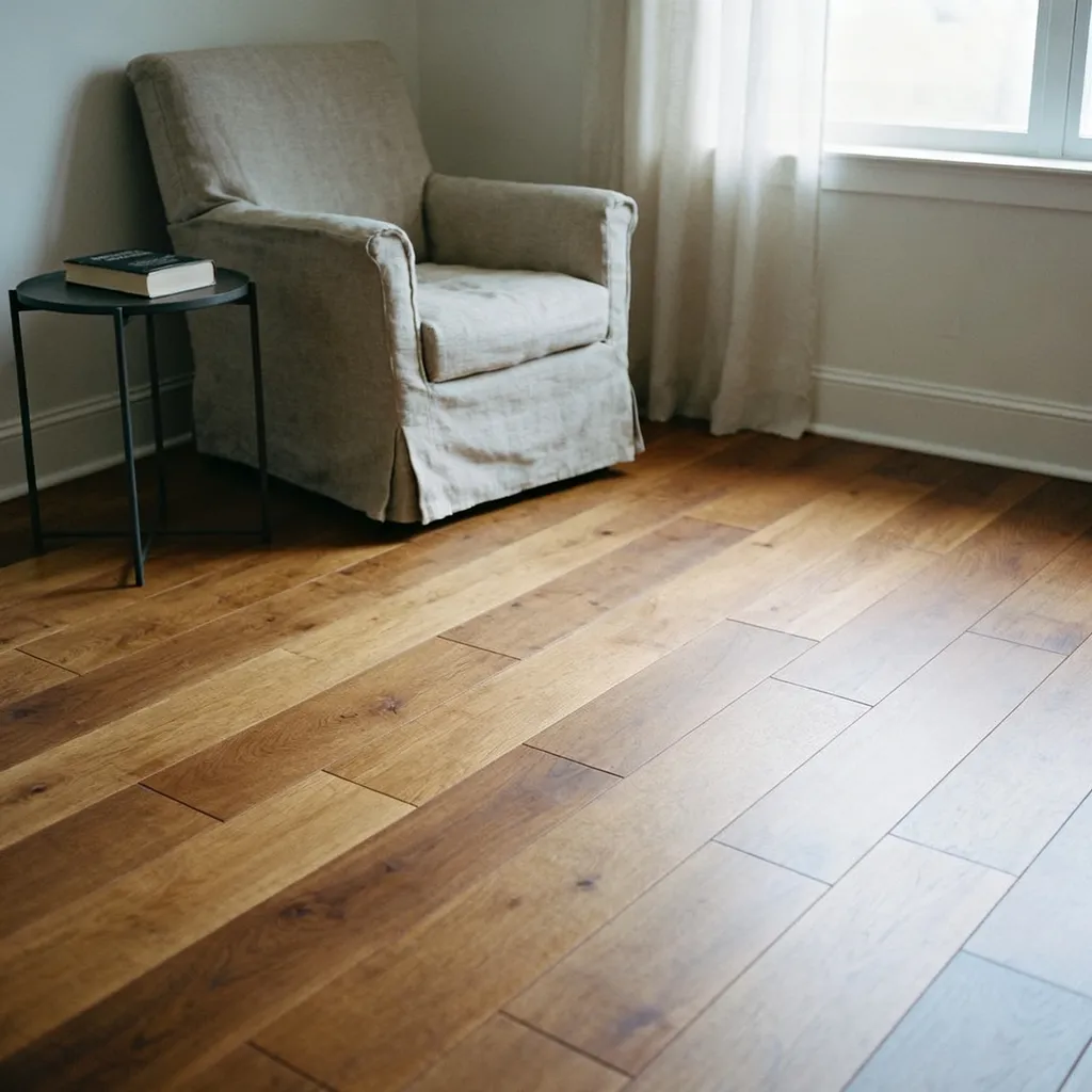 A cozy linen armchair on warm wood-look laminate flooring