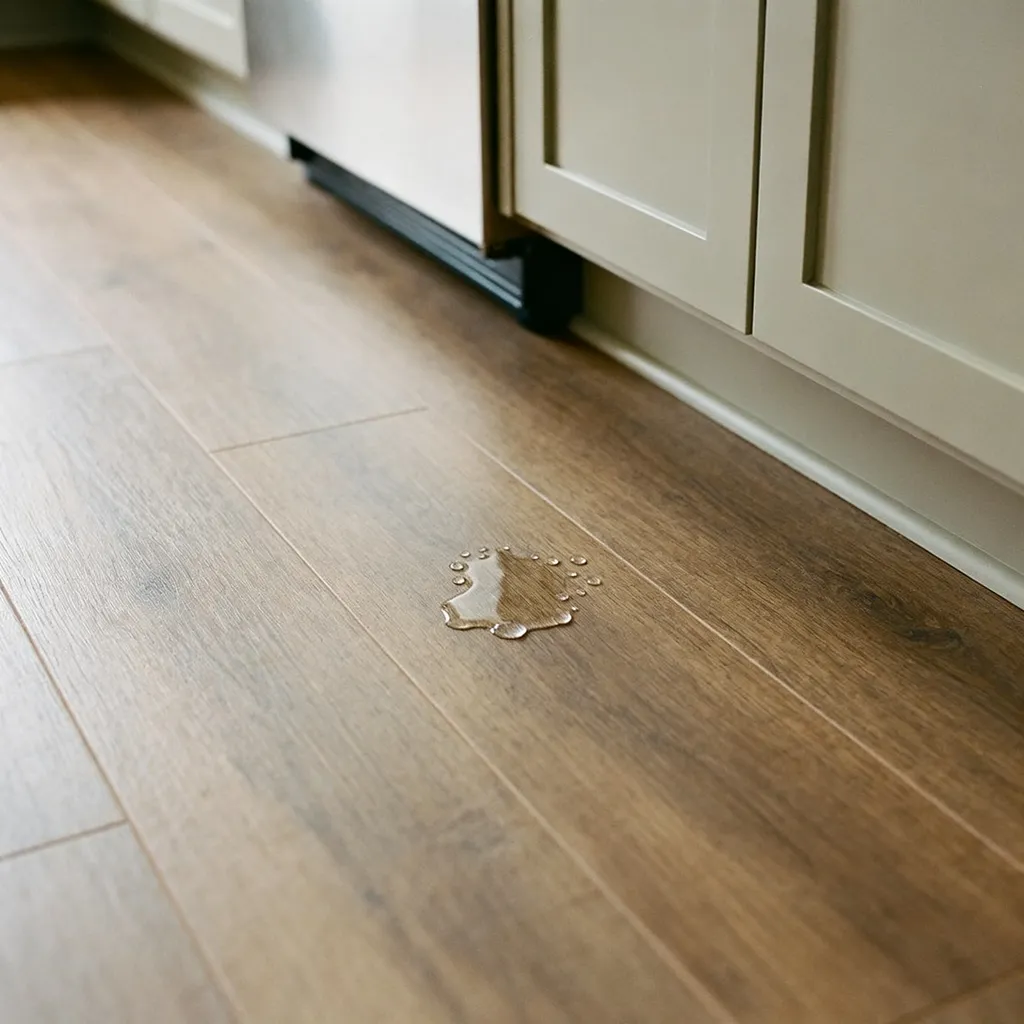 Water beaded on a waterproof wood-look luxury vinyl floor in a kitchen