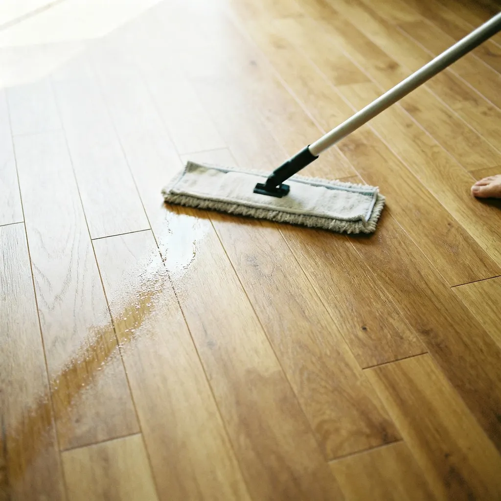 A mop cleaning a wood-look luxury vinyl plank floor