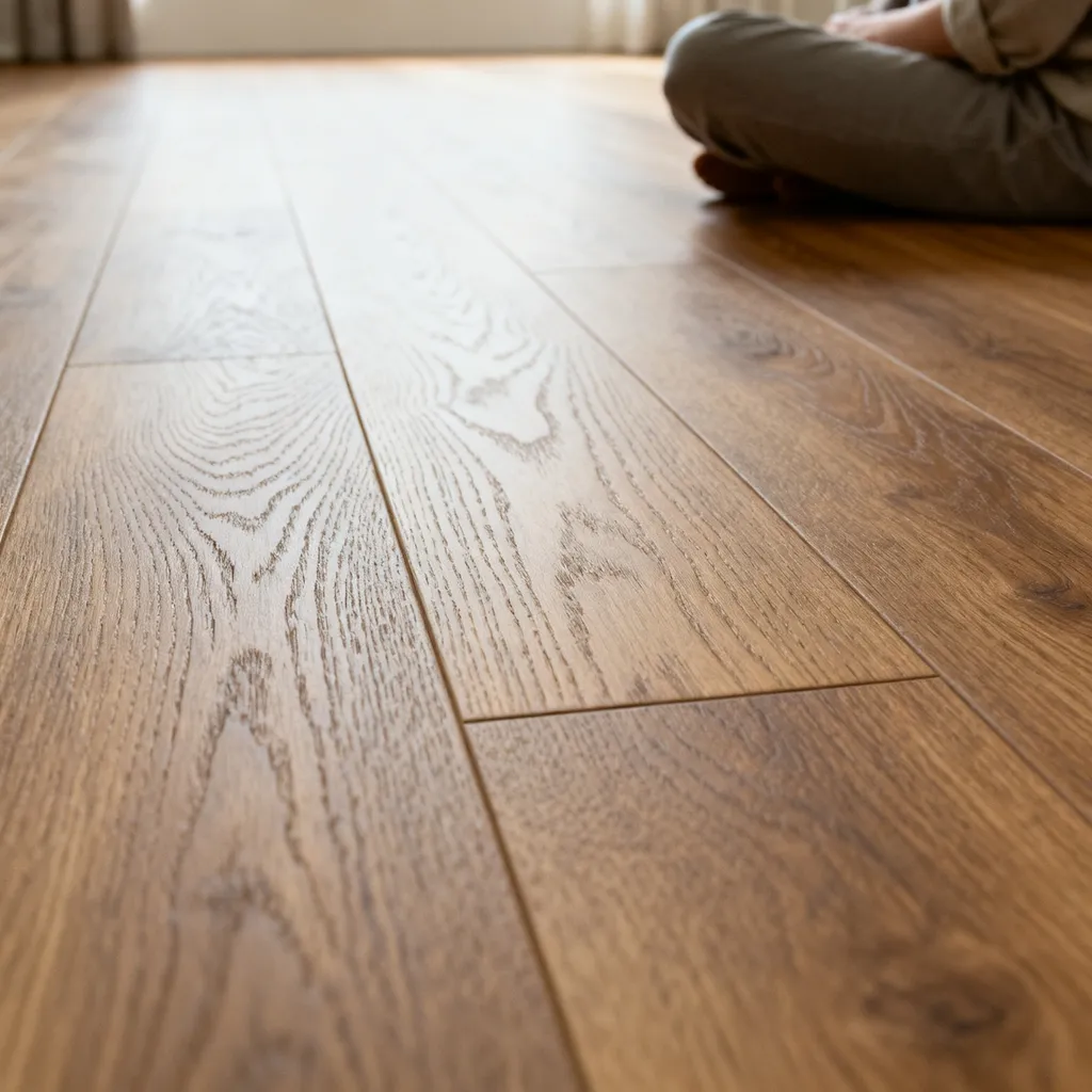 Close-up of wood-look luxury vinyl plank showing convincing oak grain
