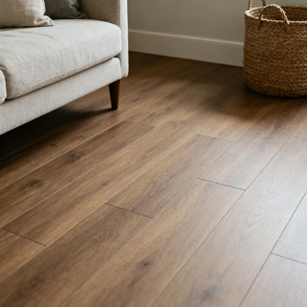 A sofa and woven basket on wood-look luxury vinyl flooring